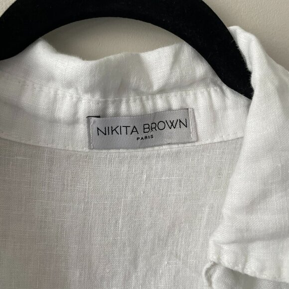 Nikita Linen Pullover V-Neck Short Sleeve Curvy Hem Casual Blouse White Large - Picture 9 of 10